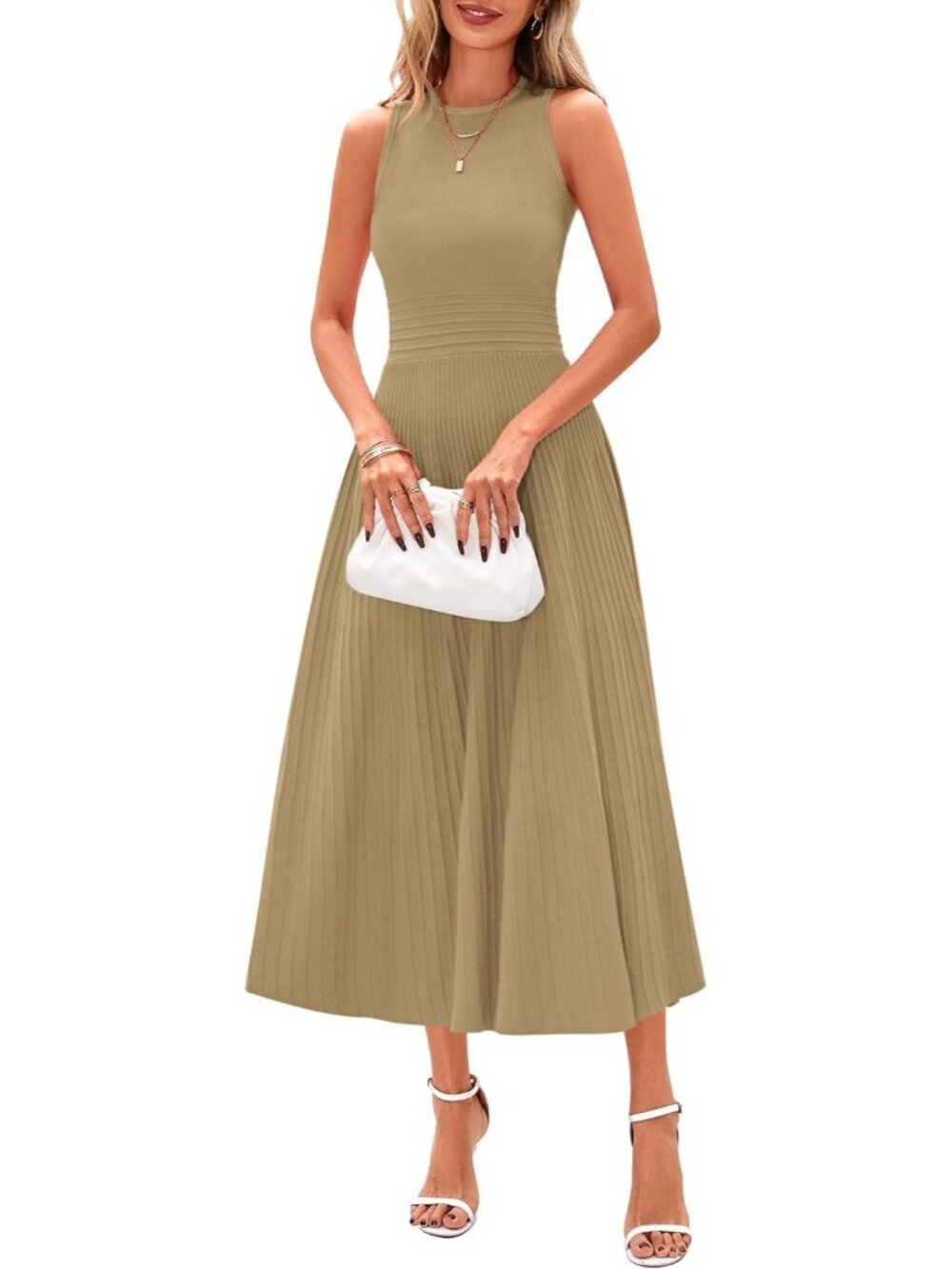 Women's Camel Sleeveless Pleated Midi Dress Formal Long Dress For Wedding